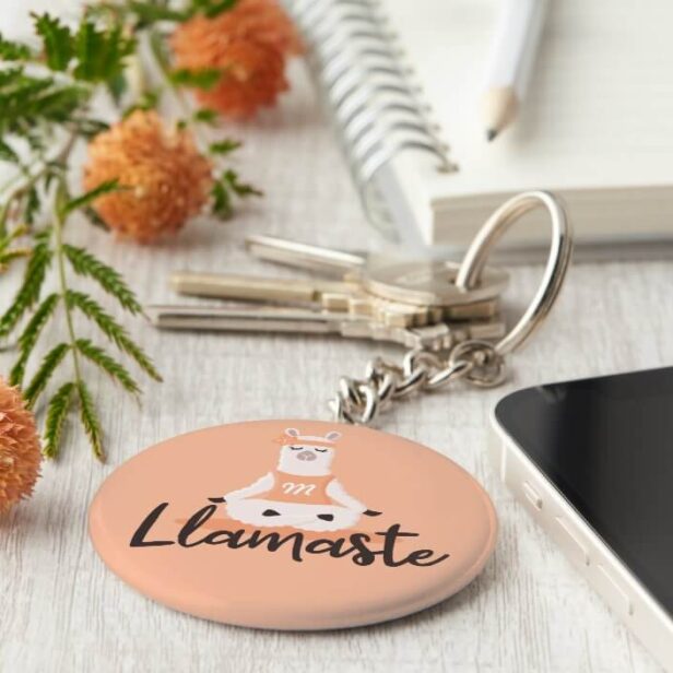 Llamaste Cute Peach Llama Yoga Character Monogram Keychain