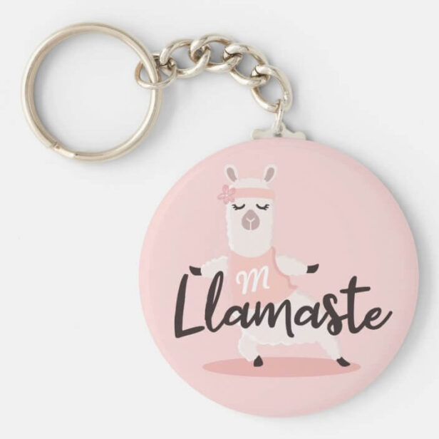 Llamaste Cute Pink Llama Yoga Character Monogram Keychain