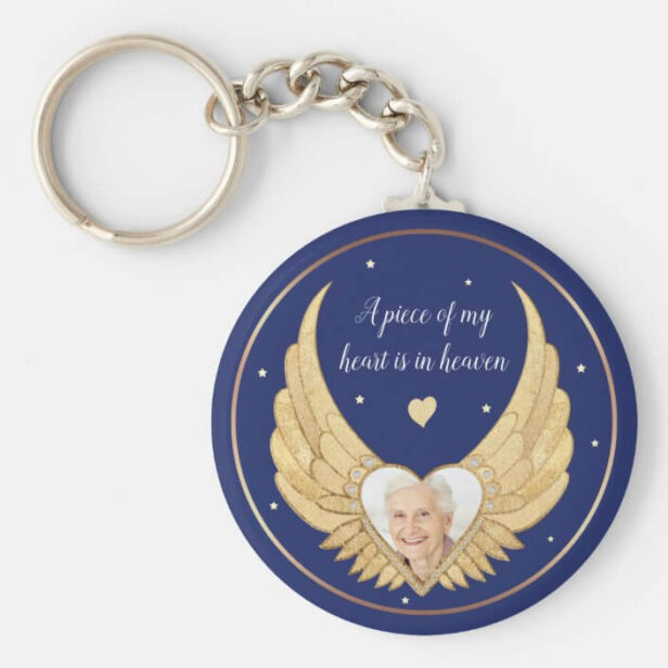 Photo Memorial Golden Angel Wings & Custom Message Navy Keychain