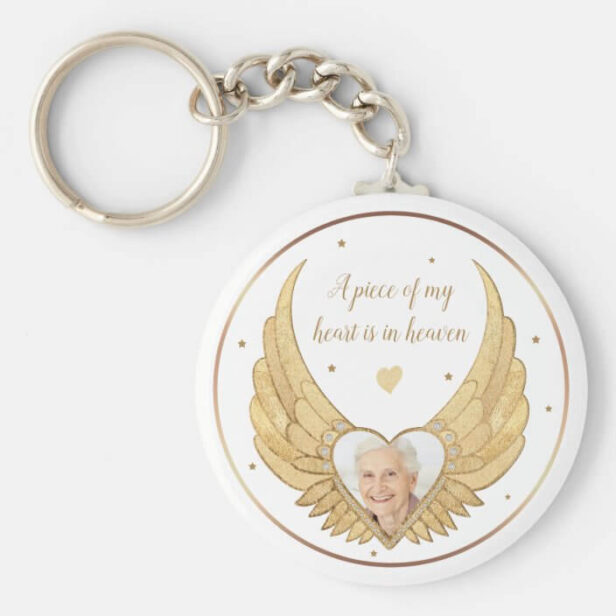 Photo Memorial Golden Angel Wings & Custom Message White Keychain