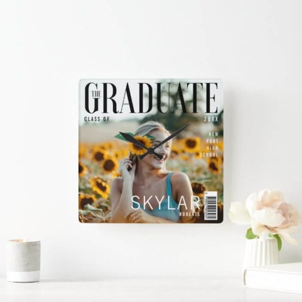 Trendy Magazine Cover Inspired Girl Graduation Square Wall Clock