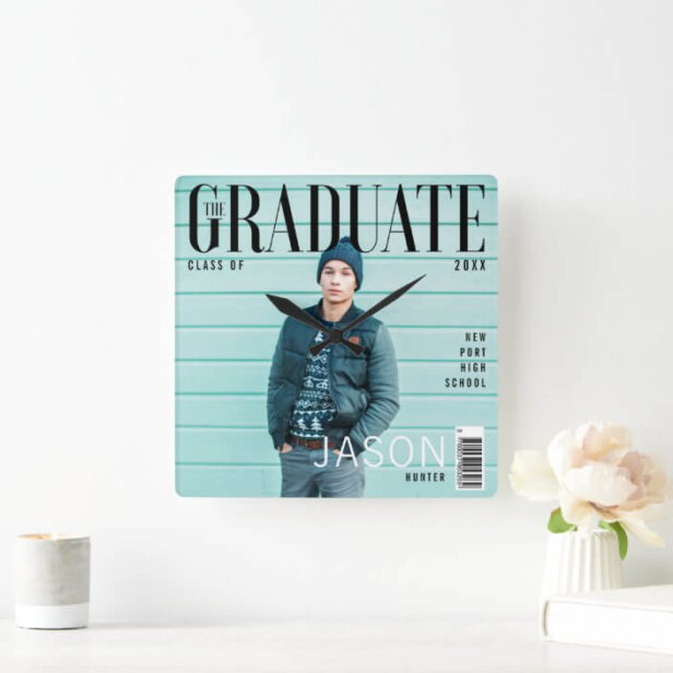 Trendy Magazine Cover Inspired Boy Graduation Square Square Wall Clock
