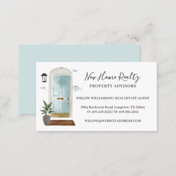 Chic Mint Blue Watercolor Front Door Entranceway Business Card