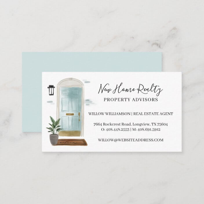 Chic Mint Blue Watercolor Front Door Entranceway Business Card