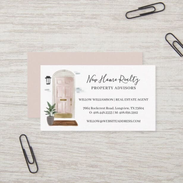 Chic Pink Watercolor Front Door Entranceway Design Business Card