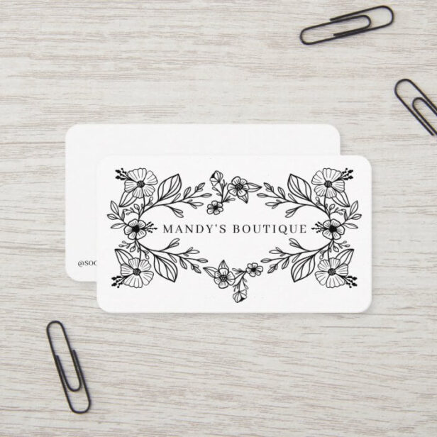 Chic Black & White Floral Botanical Floral Wreath Business Card