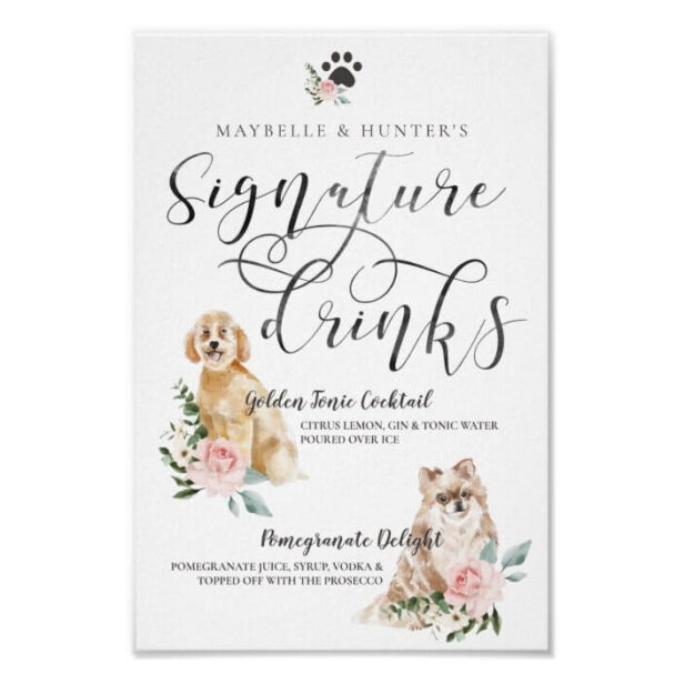 Cute Watercolor Dogs Couple's Signature Drinks Wedding Poster