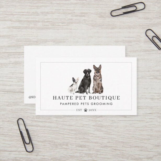 Cute Watercolor Labrador, German Shepard & French Bulldog Pet Care Grooming & Salon Business Card