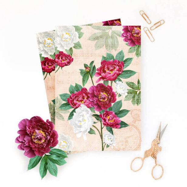 Red & White Florals Music & Handwriting Decoupage Tissue Paper
