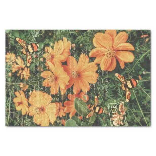 Vintage Orange Flowers & Honey Bee Decoupage Tissue Paper