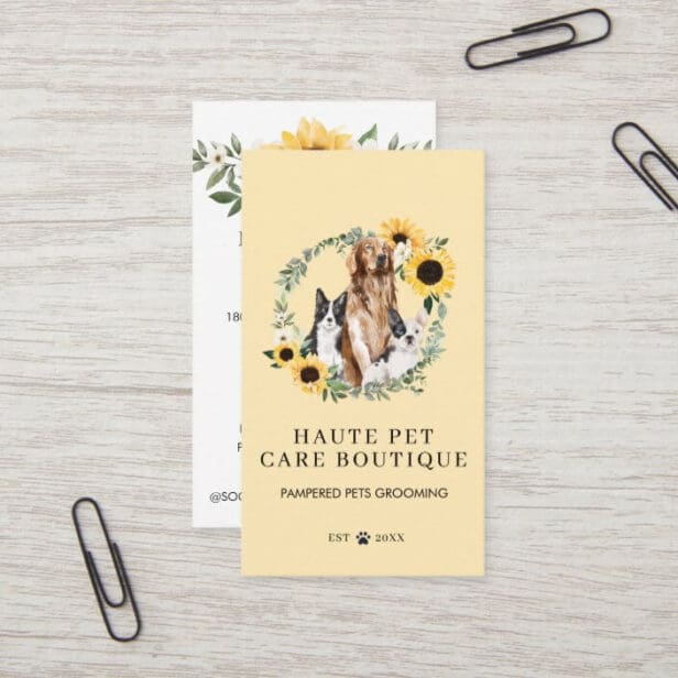 Watercolor Dogs Sunflower Floral Wreath Pet Care Golden Retriever Bull Dog & Border Collie Business Card