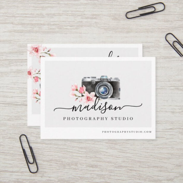 Watercolor Vintage Camera & Florals Photography Business Card White