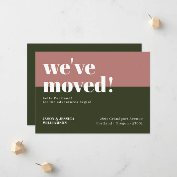 We've Moved! Pink Green Minimal Bold Type Photo Moving Announcement