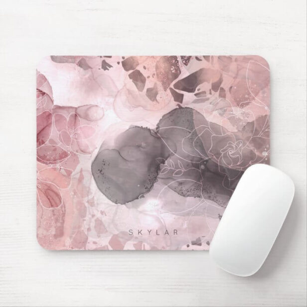 Chic Floral Pink & Grey Alcohol Ink Terrazzo Name Mouse Pad