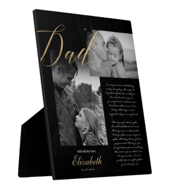 Dear Dad | Gold Dad Script Wedding Message Photo Black Plaque