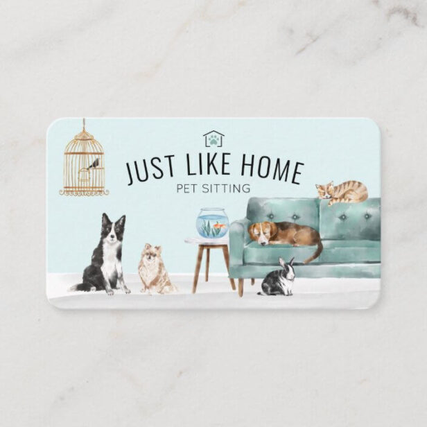 Home Pet Sitting Watercolor Cozy Home Green Couch Business Card