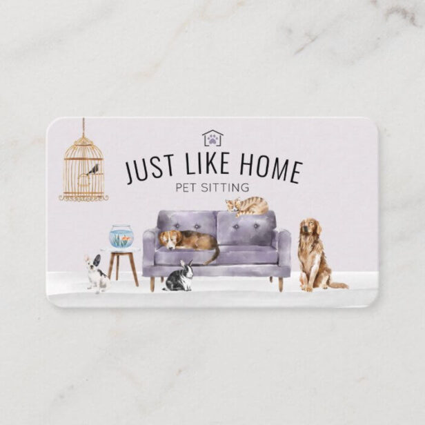 Home Pet Sitting Watercolor Cozy Home Mauve Couch Business Card