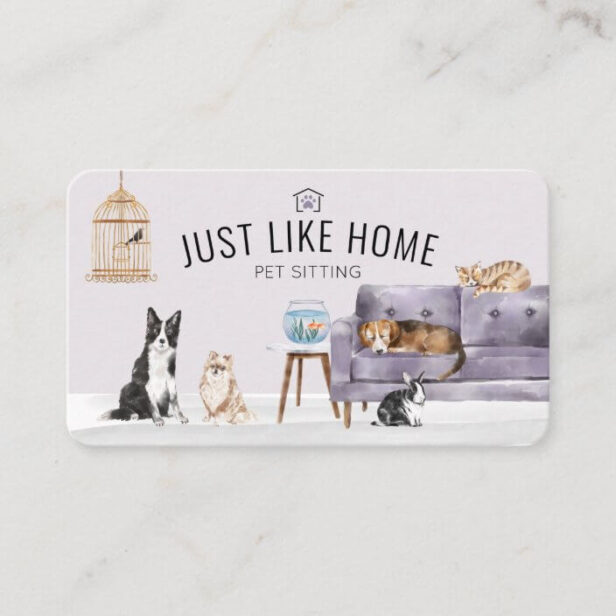 Home Pet Sitting Watercolor Cozy Home Mauve Couch Business Card