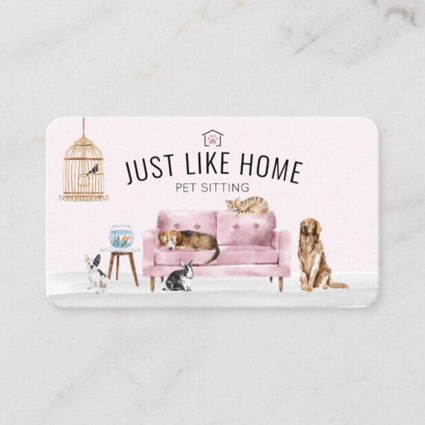 Home Pet Sitting Watercolor Cozy Home Pink Couch Business Card