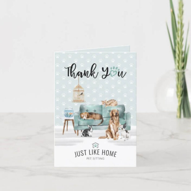 Thank You Home Pet Sitting Pet Family Green Couch Thank You Card
