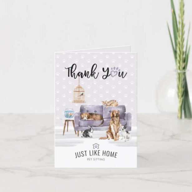 Thank You Home Pet Sitting Pet Family Mauve Couch Thank You Card