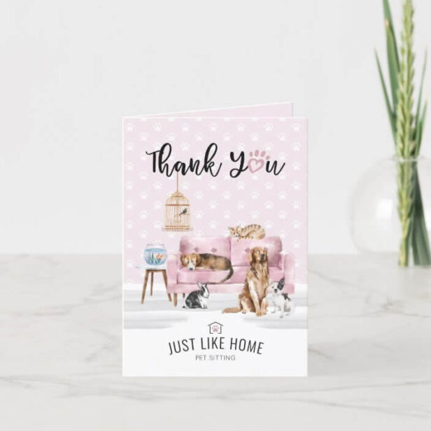 Thank You | Home Pet Sitting Pet Family Pink Couch Thank You Card
