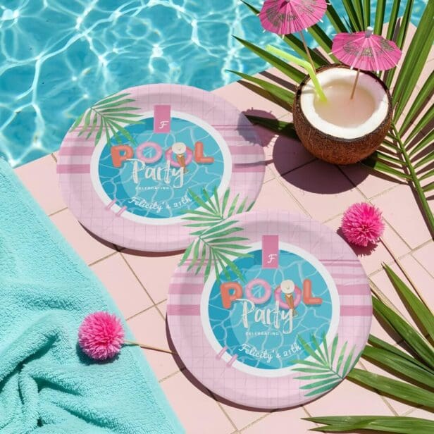 Fun Tropical Pink & Blue Summertime Pool Party Paper Plates