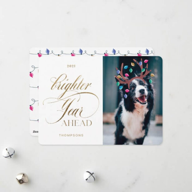 Brighter Year Ahead Fun Pet Photo Reindeer Lights Holiday Card