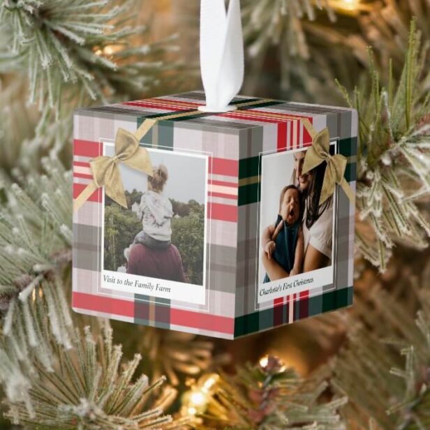 Candy Cane Plaid Gift Wrapped & Bow Present Photos Cube Ornament