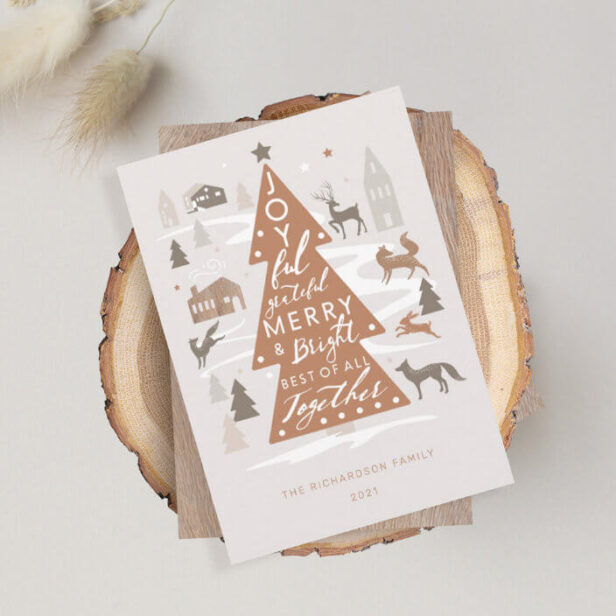 Christmas Tree Woodland Animals & Cozy Village Holiday Card