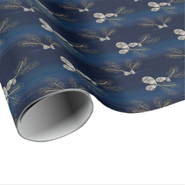 Elegant Navy Blue Watercolor Pine Needles & Jewels Wrapping Paper