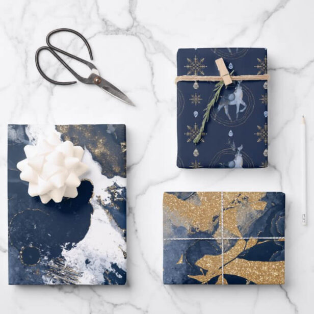 Elegant Navy Watercolor Ink & Golden Jewel Wrapping Paper Sheets