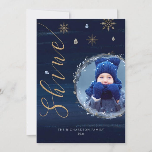 Elegant Navy Watercolor Ink & Jewels Photo Wreath Holiday Card