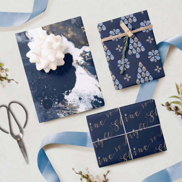 Elegant Navy Watercolor Ink & Golden Jewels Wrapping Paper Sheets