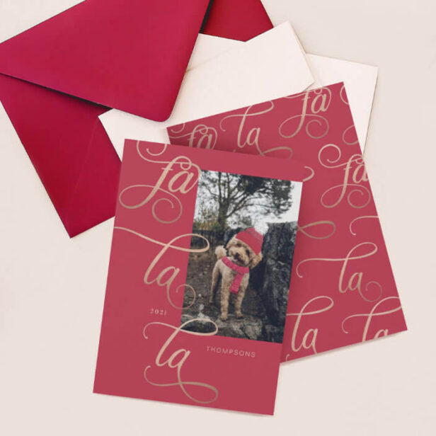 Fa La La Elegant Rose Gold Calligraphy Dog Scarf Holiday Card