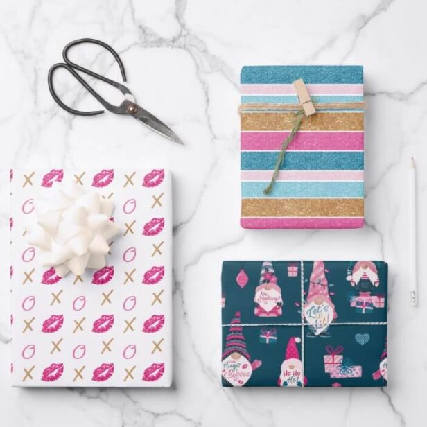 Fun Colourful Stripe, Gnome and Kisses Christmas Wrapping Paper Sheets