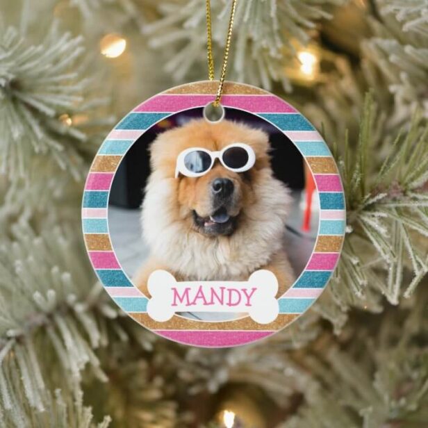 Fun Glitter Stripe Your Dog Photo 1st Christmas Ceramic Ornament