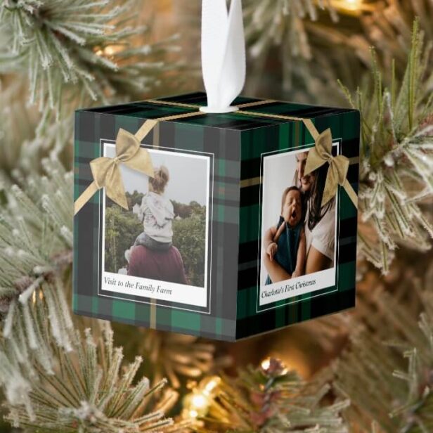Green Plaid Gift Wrapped & Bow Present Photos Cube Ornament