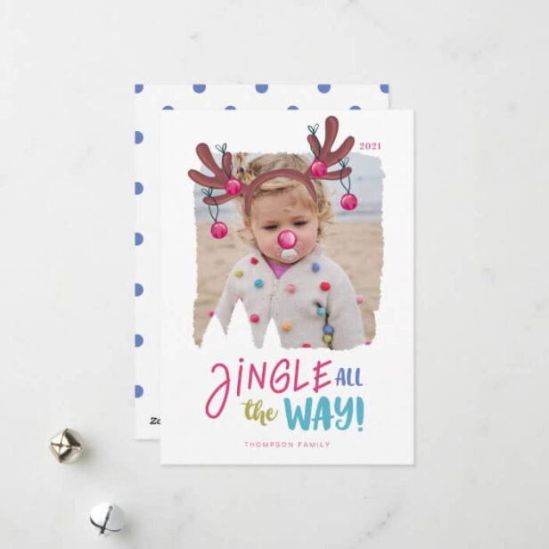 Jingle All The Way Fun Photo Reindeer Antler Bells Holiday Card
