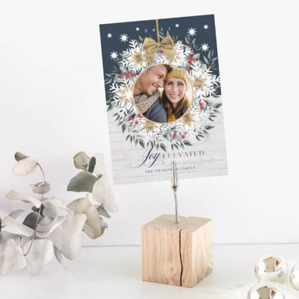 Joy Elevated Photo Snowflake Wreath White Shiplap Holiday Card