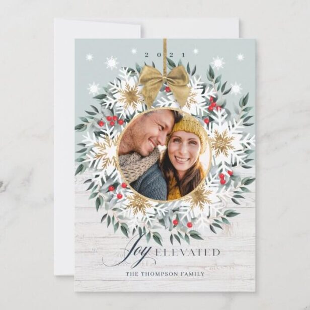 Joy Elevated Photo Snowflake Wreath White Shiplap Holiday Card