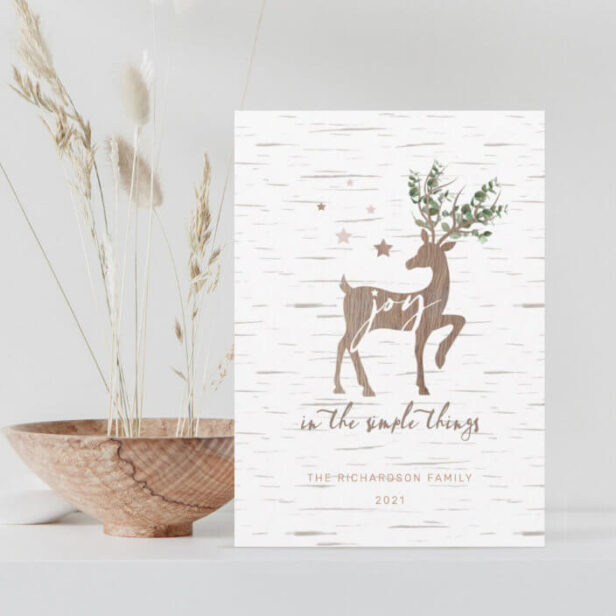 Joy In the Simple Things Birch Bark Woodgrain Deer Holiday Card