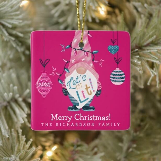 Let's Get Lit Fun Bright Gnome Christmas Lights Ceramic Ornament
