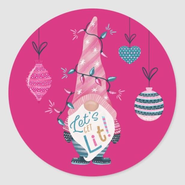 Let's Get Lit Fun Bright Gnome Christmas Lights Classic Round Sticker