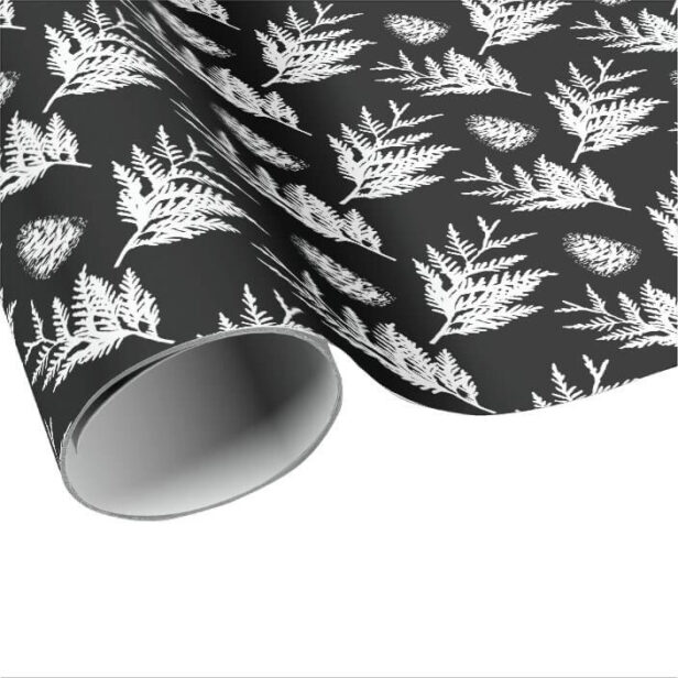 Minimal Black & White Festive Cedar Leaf Pinecone Wrapping Paper