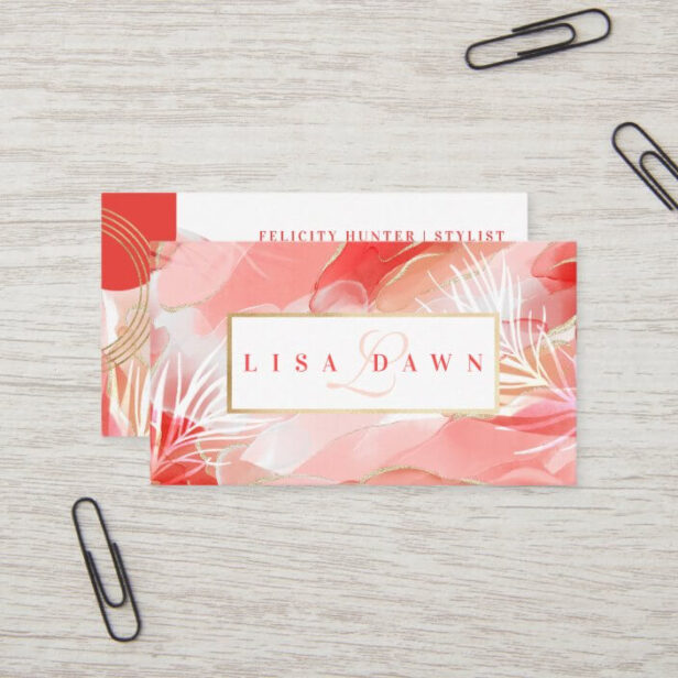 Modern Abstract Gold, Pink & Red Watercolor Ink Business Card