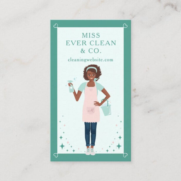 Modern Pretty Black Woman Holding Cleaning Bottle Cleaning & Maid Services Green Vertical Business Card
