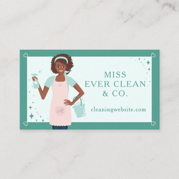 Modern Pretty Black Woman Holding Spray Bottle Cleaning & Maid Services Green Business Card