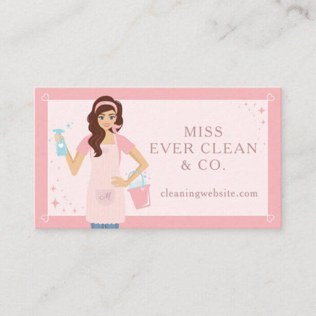 Modern Pretty Woman Holding Cleaning Bottle Cleaning & Maid Services Pink Business Card