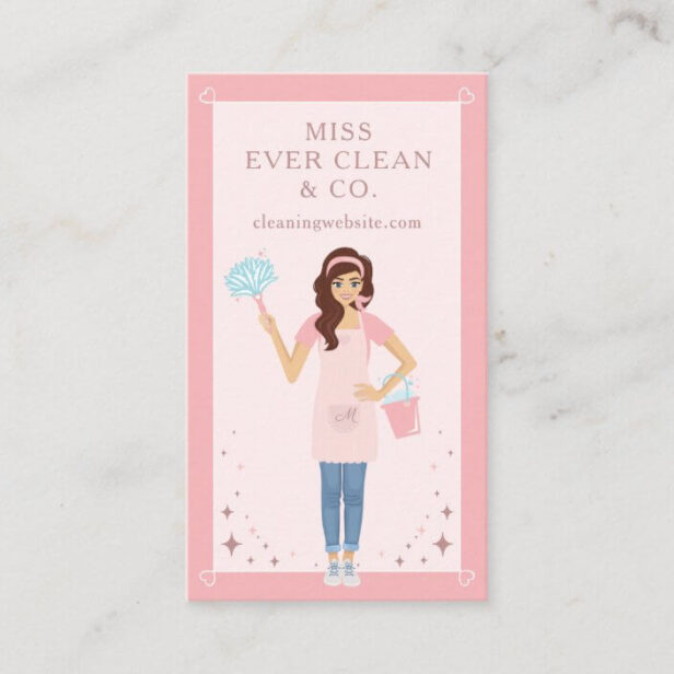 Modern Pretty Woman Holding Feather Duster Cleaning & Maid Services Pink Vertical Business Card